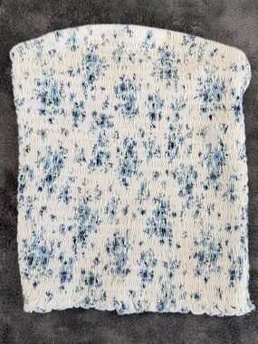 Garage Smocked Floral Tube Top, Blue and White, XS